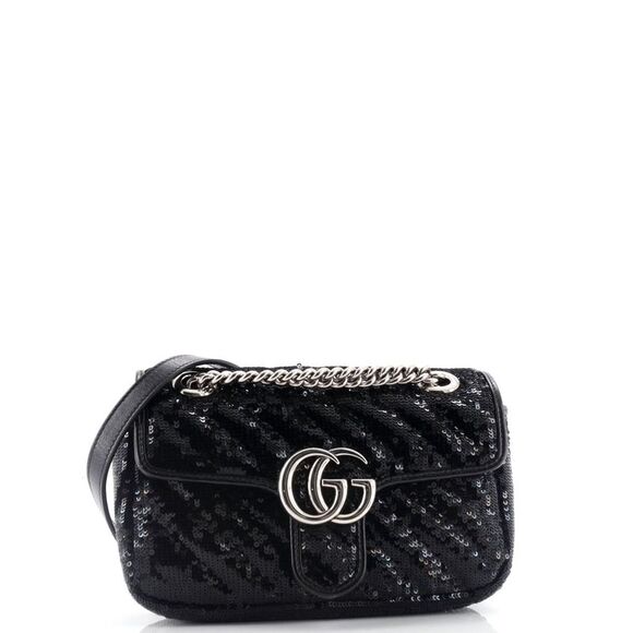 Gucci GG Marmont Flap Bag Diagonal Quilted Sequins Mini Black - Picture 2 of 6